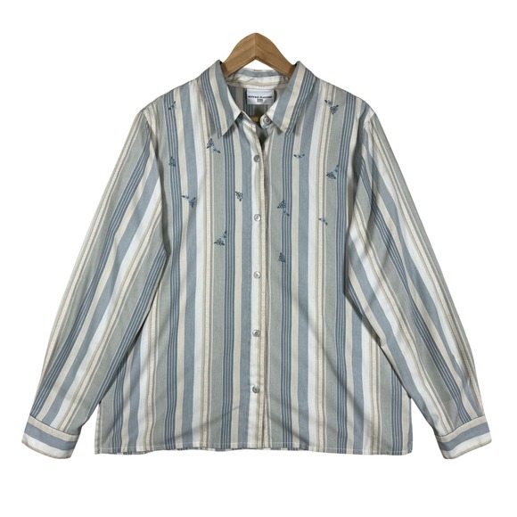 Alfred Dunner Striped Button Down Shirt Womens 16 Floral Embroidery Long Sleeve - Picture 1 of 12